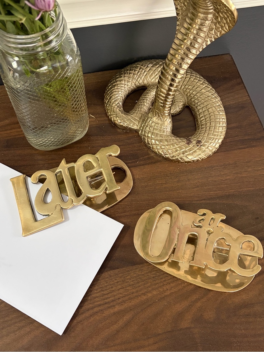Vintage ‘Later’ & ‘At Once’ Brass Desk Clip Organizer Decor- 2-Piece Set